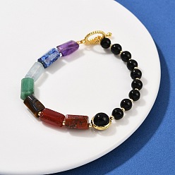 Обсидиан Браслеты из натурального обсидиана, смешанного натурального камня, латуни, круглой и призматической формы для женщин, реальный 18 k позолоченный, долговечный, стойки покрытие, чакра, 8-1/8 дюйм (20.5 см)