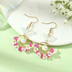 Deep Pink Glass Beaded Flower Wreath Dangle Earrings with Round Imitation Pearl & Clear Butterfly Pendants, with 304 Stainless Steel Earring Hooks, Golden, Deep Pink, 51x26mm
