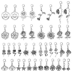 Argent Antique & Platine 40 pièces 20 décorations pendentifs en alliage de style floral, avec alliage homard fermoirs pince, argent antique et platine, 27~52mm