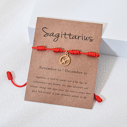 Стрелец 12 созвездия 304 плоские круглые браслеты из нержавеющей стали с подвесками, регулируемые браслеты из нейлонового шнура для мужчин и женщин, золотые, Стрелец, периметр: 7-1/8~9-1/8 дюйм (18~23 см)