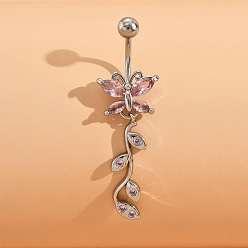 Нержавеющая Сталь Цвет Латунные розовые кубические цирконии bybattfly подвески на живот кольца, с 316 изогнутыми штифтами для штанги из хирургической нержавеющей стали, цвет нержавеющей стали, 45 мм