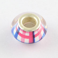 Темно-Розовый Бусины из смолы европейского стиля с большим отверстием , с серебряного цвета латуни двойные сердечники, рондель, темно-розовыми, 14x9~10 мм, отверстие : 5 мм