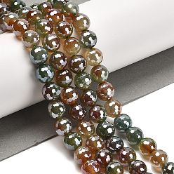 Светло-зеленый Коричневый Гальванические нити круглых бусин из натурального агата, окрашенная и подогревом, граненый (128 граней), оливковый, 10 мм, отверстие : 1.4 мм, около 38 шт / нитка, 14.96 дюйм (38 см)
