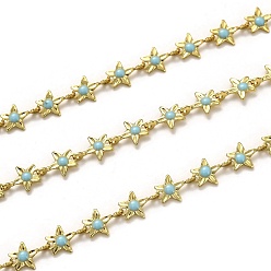 Pale Turquoise Brass Link Chains, with Enamel, Spool, Long-Lasting Plated, Unwelded, Star, Golden, Pale Turquoise, Link: 9x6.1x1.5mm