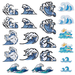 Cornflower Blue 20Pcs 10 Styles Sea Wave Shape Computerized Embroidery Cloth Iron on/Sew on Patches, Costume Accessories, Cornflower Blue, 26~70x52~98x1.5~2mm, 2 pcs/style
