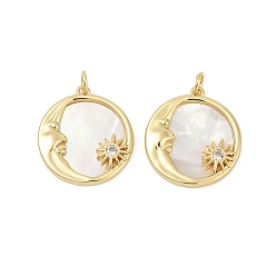 Настоящее золото 18K Латунные микро проложить кубического циркония подвески, с оболочкой, плоский круглый с подвесками солнца и луны, без кадмия и без свинца, прочное покрытие, стойки покрытие, реальный 18 k позолоченный, 22.5x20.5x3.5 мм, отверстие : 3.5 мм