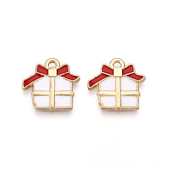 Белый Подвески из эмали и сплава, без кадмия, без никеля и без свинца, золотой свет, рождественская подарочная коробка с подвеской, стойки покрытие, белые, 16x16x2 мм, отверстие : 1.8 мм