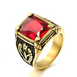 Красный 316Мужские винтажные резные кольца из нержавеющей стали с кубическим цирконием, квадратный, готические кольца, античное золото , красные, размер США 9 (18.9 мм)