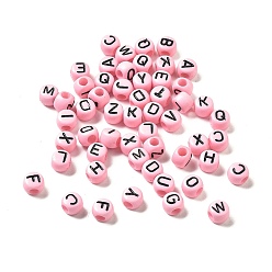 Pink Непрозрачные акриловые бусины, бусины с большим отверстием, плоские круглые с письмом ~ г, розовые, 7x5 мм, отверстие : 2.5 мм, о: 3333 шт / 500 г