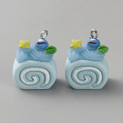 Светло-Синий Непрозрачные подвески смолы, рулет из торта, с платиново-железными петлями, голубой, 21x18.5x12.5 мм, отверстие : 2 мм