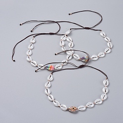 Mixed Color Adjustable Nylon Thread Braided Necklaces, with Acrylic Imitation Pearl Beads, Brass Beads and Printed Cowrie Shell Beads, Coconut Brown, 11.02 inch~25.2 inch(28~64cm)