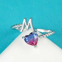 Letter M Латунные манжеты с буквами, кольца из натурального турмалина в форме сердца, платина, Буква М, внутренний диаметр: 19 мм