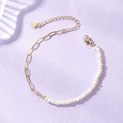 Настоящее золото 18K Латунные скрепки браслеты, женские браслеты из бисера из натурального культивированного пресноводного жемчуга, картофель, реальный 18 k позолоченный, 7.09 дюйм (18 см)