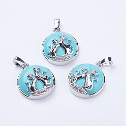 Синтетическая Бирюза Синтетические бирюзовые подвески, с латунной фурнитурой , плоские круглые с лисой, платина, 28~29x23~24x9~10 мм, отверстие : 5x7 мм