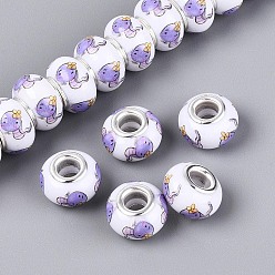 Змея Непрозрачная смола европейский бисер, RONDELLE большие шарики отверстия, с латунными сердечниками с серебряным покрытием, сирень, змея, 13.5~14x9 мм, отверстие : 5 мм