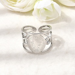 Нержавеющая Сталь Цвет Религия 201 открытые кольца-манжеты из нержавеющей стали со стразами для мужчин, плоские круглые с святым Бенедиктом, цвет нержавеющей стали, 15 мм, размер США 7 1/4 (17.5 мм)