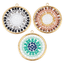 Mixed Color 3pcs 3 colors 304 Stainless Steel Pendants, with Glass Beads, Flat Round with Eye, Mixed Color, 38~38.5x35~35.5x2.5~3mm, Hole: 2mm, 1pc/color