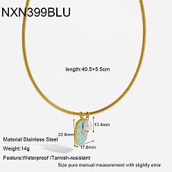 Pale Turquoise 304 Stainless Steel Enamel Evil Eye Rectangle Pendant Necklaces with Natural Pearl for Women, Golden, Pale Turquoise, 15.94 inch(40.5cm)