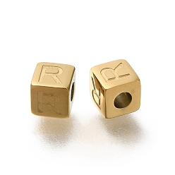 Letter R Ионное покрытие (ip) 304 шарики из нержавеющей стали, куб с письмом, реальный 14 k позолоченный, Буква R, 5x5x5 мм, отверстие : 2 мм