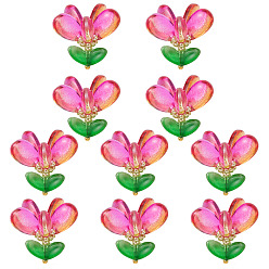 Fuchsia 10Pcs Glass Pendants, Flower Charm, with Brass Loop & Beads & Seed Beads, Fuchsia, 20.5x22x22mm, Hole: 2.5x2mm