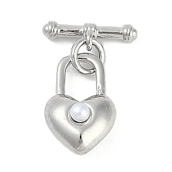 Платина Латуни Переключить застежками, без кадмия, без никеля и без свинца, с ABS имитации жемчуга, сердце, платина, Сердце: 13x8.5x6 mm, отверстие : 5.5x3.5 мм, бар: 12x4x2.5 mm, отверстие : 1 мм