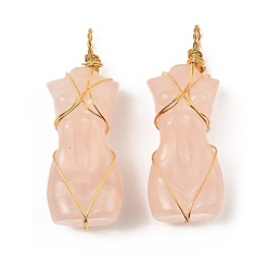 Розовый Кварц Природного розового кварца подвески, с золотистым тоном покрытия стойки обмотка латунной проволокой, долговечный, без свинца и без кадмия, человек, 52x18.5x2.2 мм, отверстие : 4.8 мм