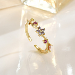 Золотой Латунные кольца-манжеты с микропаве из прозрачных кубических цирконий, цветок, золотые, 15~20 мм