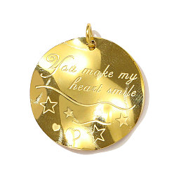 Настоящее золото 18K 304 подвески из нержавеющей стали, плоский круглый с подвесками в виде слов и звезд, ионное покрытие (ip), реальный 18 k позолоченный, 26x23 мм