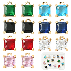 (52) Непрозрачная лаванда 14 шт 7 цвета кулоны из латуни, микропаве, циркония, квадратных амулеты, золотой свет, разноцветные, 9x7x4 мм, отверстие : 1.4 мм, 2 шт / цвет