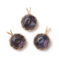 Golden Transparent Resin Pendants, with Glitter Powder and Copper Wire Wrapped, Half Round Charm with Water Ripple, Golden, 28x19x10mm, Hole: 7x3mm
