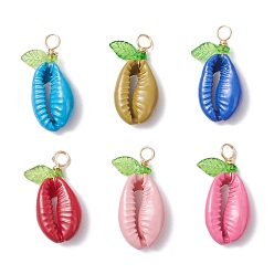 (52) Непрозрачная лаванда Подвески из натурально окрашенных ракушек каури, подвески в форме ракушек с акриловыми листочками и петлями из медной проволоки, золотой свет, разноцветные, 24~25x11~12x6~7 мм, отверстие : 3.5 мм