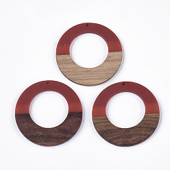 Темно-Красный Подвески из смолы и ореха, трехцветный, плоско-круглые, темно-красный, 49x3~3.5 мм, отверстие : 2 мм
