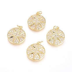 Real 18K Gold Plated Brass Micro Pave Cubic Zirconia Pendants, with Jump Ring, Long-Lasting Plated, Flat Round with Star, Clear, Real 18K Gold Plated, 19.5x16.5x3mm, Hole: 3.5mm