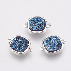 со Синим Покрытием Соединители звеньев натурального агата друзы, с латунной фурнитурой , квадратный, платина, с покрытием синим, 16x11x3.5~4 мм, отверстие : 1 мм