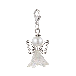 Antique Silver & Platinum 10Pcs Angel Acrylic & Glass Pendant Decorations, with Alloy Lobster Claw Clasps, Antique Silver & Platinum, 43mm