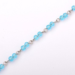 Sky Blue Handmade Round Glass Beads Chains for Necklaces Bracelets Making, with Iron Eye Pin, Unwelded, Platinum, Sky Blue, 39.3 inch