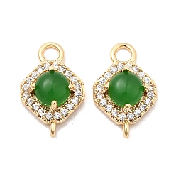 Настоящее золото 18K Шармы-соединители из латуни с микропаве из прозрачного кубического циркония, ромбовидные звенья с зеленым стеклом, реальный 18 k позолоченный, 14x9x5 мм, отверстия : 2 mm и 1 мм