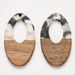 Black Transparent Resin & Walnut Wood Pendants, Waxed, Oval, Black, 38x21x4mm, Hole: 1.6mm
