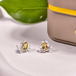 Золотистый 925 стерлингового серебра кубического циркония серьги стержня, с кварцевым, цветок, серебряные, золотые, 11x9 мм