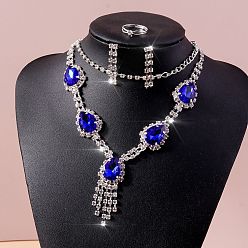 Сапфир Браслеты, серьги, ожерелья и кольца из сплава со стразами в форме капли для женщин, сапфир, Ожерелья: 350 mm