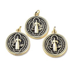 Настоящее золото 18K Латунные подвески, с целью перехода в кольце, без свинца и без кадмия, плоский круглый со святым шармом, реальный 18 k позолоченный, 22x19x2 мм, отверстие : 3.4 мм