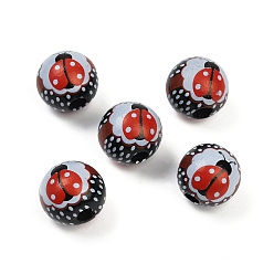 Коровка Окрашенные деревянные европейские бусы, бусины с большим отверстием, круглые, чёрные, коровка, 15.5 мм, отверстие : 4~4.5 мм