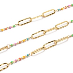 Colorful Golden Plated Handmade Enamel Beaded Chains, Brass Paperclip Chains, Long-Lasting Plated, Soldered, with Spool, Colorful, Link: 15x5x0.7mm and 5x1.7x2mm, about 32.8 Feet(10m)/roll