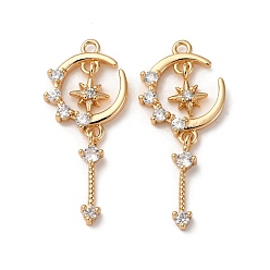 Настоящее золото 18K Латунные микропаве прозрачные подвески с фианитом, без кадмия, без никеля и без свинца, Луна и звезды, реальный 18 k позолоченный, 28.5x12x3 мм, отверстие : 1.4 мм