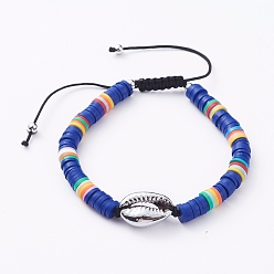 Medium Blue Handmade Polymer Clay Braided Beads Bracelets, with Electroplated Cowrie Shell Beads, Brass Beads and Nylon Thread, Medium Blue, 2-3/8 inch~3-1/8 inch(6.1~8cm)