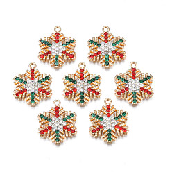 Light Gold Стойки подвески обшивки сплава, с красочными горный хрусталь, без кадмия, без никеля и без свинца, рождественские снежинки, золотой свет, 24x19.5x2 мм, отверстие : 1.8 мм