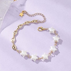 Настоящее золото 18K Браслеты-цепочки из АБС-пластика с имитацией жемчуга, латунные браслеты из кофейных зерен для женщин, звезда, реальный 18 k позолоченный, 7.68 дюйм (19.5 см)