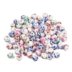 (52) Непрозрачная лаванда Печатные ручной фарфоровые бусы, круглые с цветочным узором, разноцветные, 10.5x9.5 мм, отверстие : 2~2.4 мм