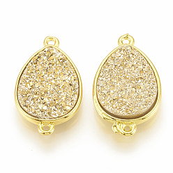 Champagne Yellow Druzy Resin Links Connectors, with Golden Tone Brass Findings, Nickel Free, Teardrop, Champagne Yellow, 22~23x13.5x4~5mm, Hole: 1mm