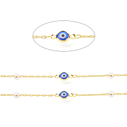 Real 18K Gold Plated Brass Drawn Elongated Cable Chains, with Round Glass and Evil Eyes Enamel, Long-Lasting Plated, Soldered, with Spool, Real 18K Gold Plated, Link: 2.5x1x0.3mm, Eye: 13x7x2mm, Round: 4mm, about 32.8 Feet(10m)/roll